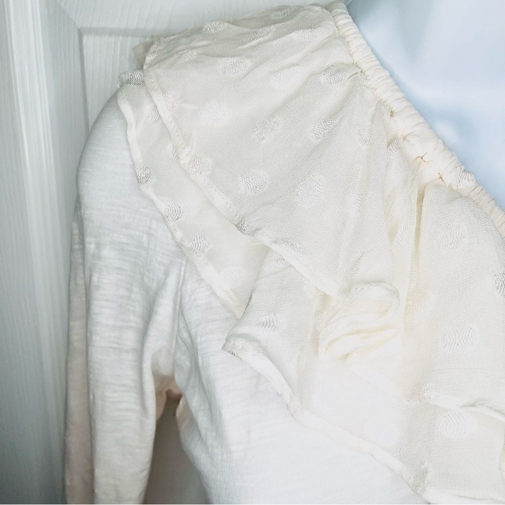 Anthropologie Sheer Polka Dot Ruffle One Shoulder Top Cotton Long Sleeve Cream L - Picture 7 of 11